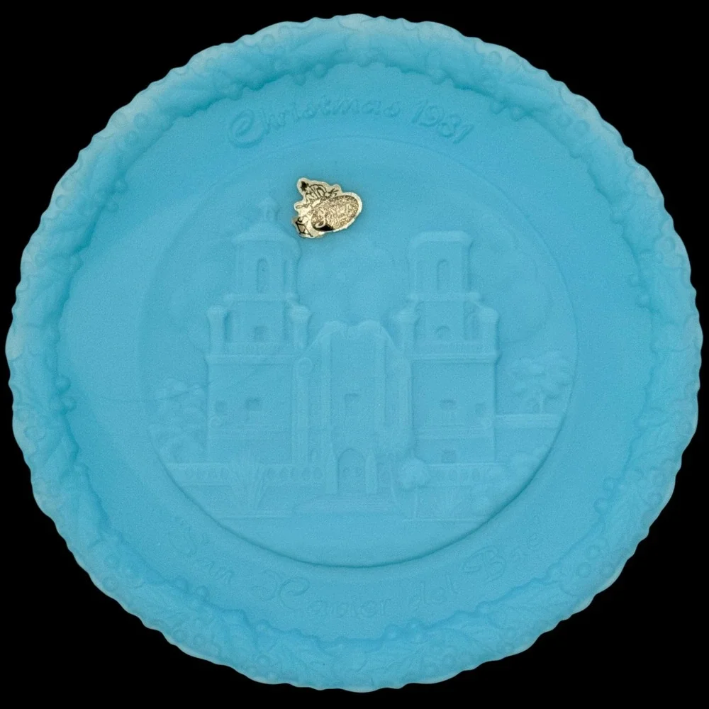 Fenton Blue Satin Glass Christmas 1981 San Xavier del Bac Mission Plate #12 8in
